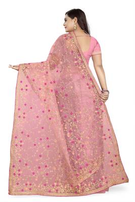 Pink embroidered net saree  4