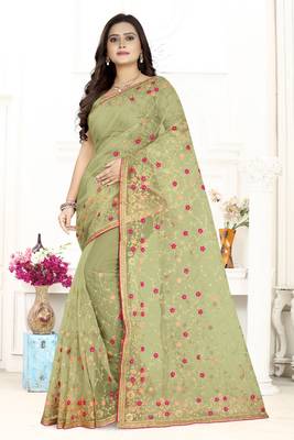 Light green embroidered net saree  1