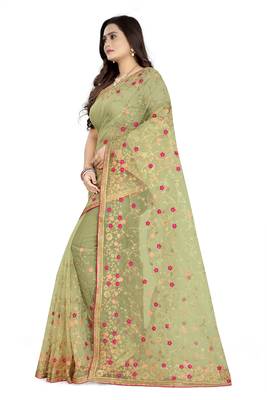 Light green embroidered net saree  2