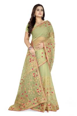 Light green embroidered net saree  3