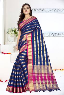Blue Printed Art Silk Saree Without Blouse 1