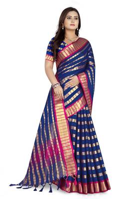 Blue Printed Art Silk Saree Without Blouse 3
