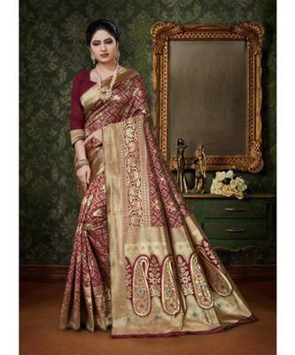 Maroon and Gold Banarasi Silk Zari Embroidered Saree with Blouse 1