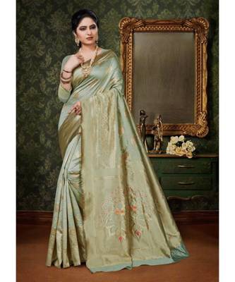 Sea Foam Green Banarasi Silk Zari Embroidered Saree with Blouse 1