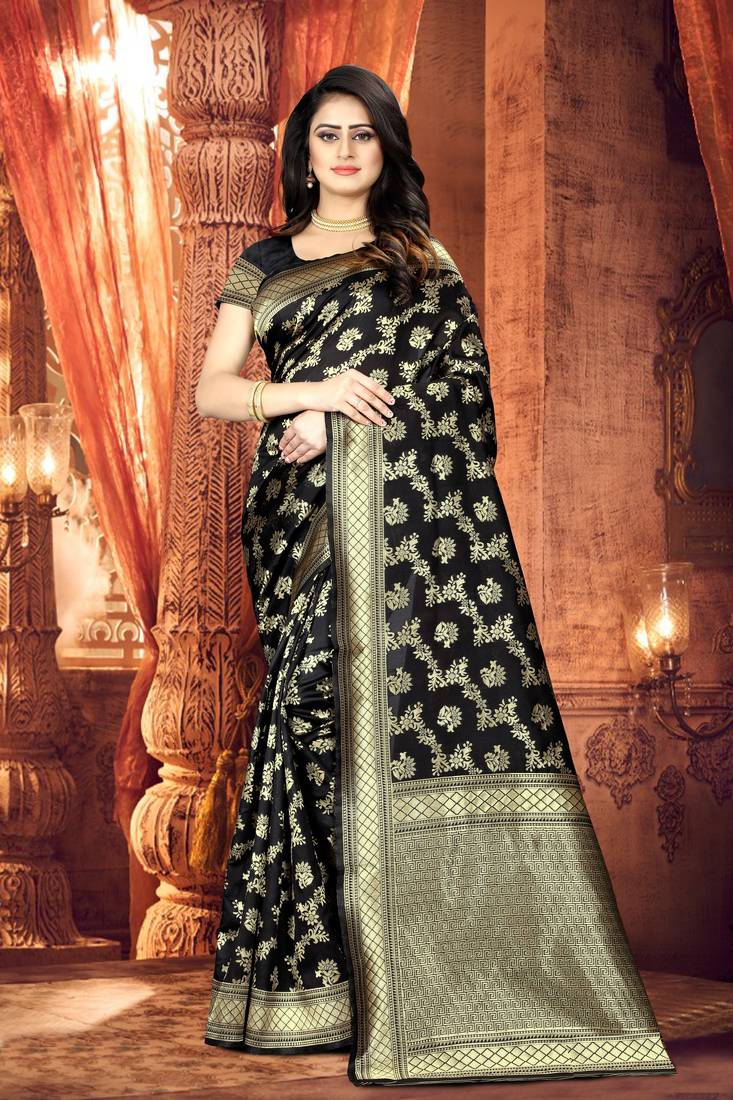 Black woven banarasi silk saree with blouse