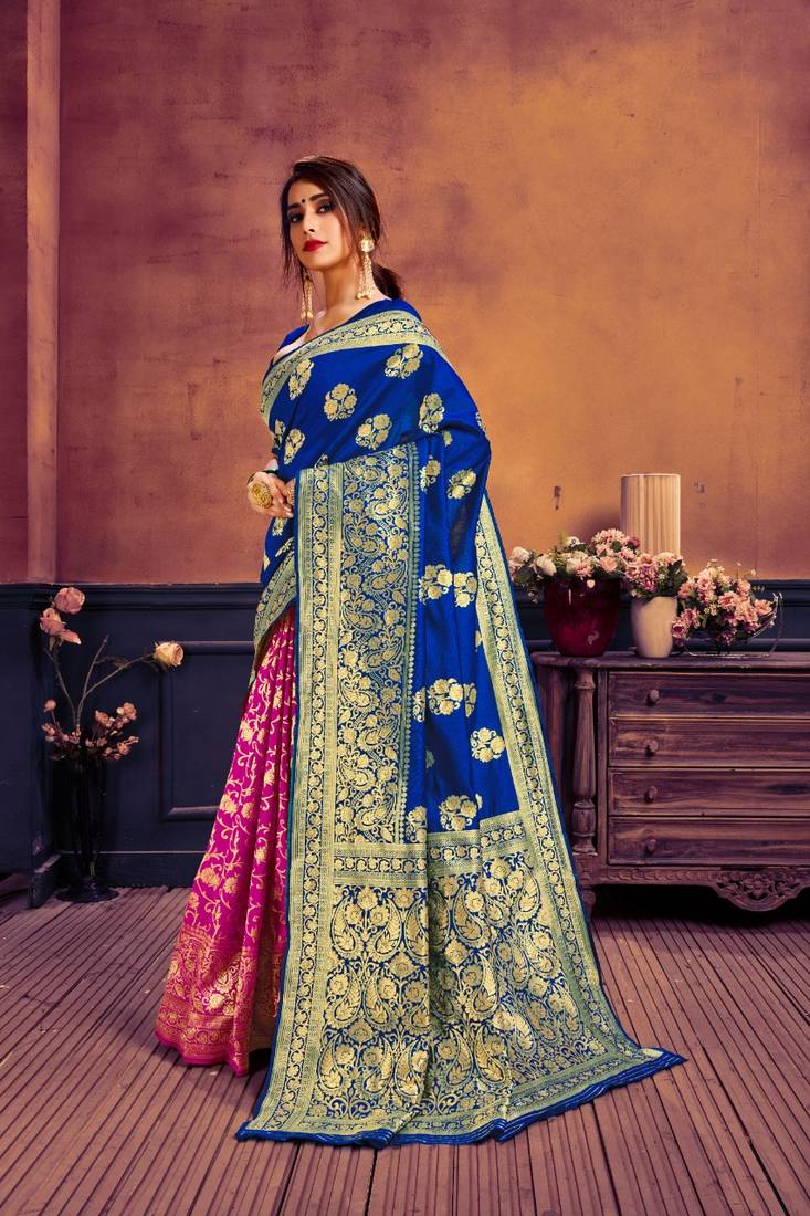 Blue woven banarasi silk saree with blouse