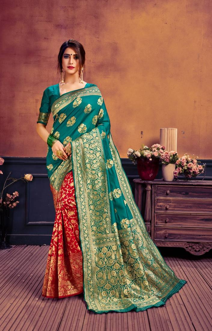 Green woven banarasi silk saree with blouse