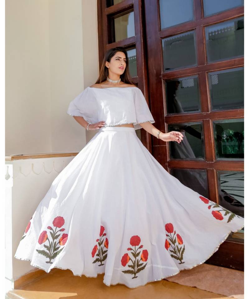 White Mughal Skirt Top Set  (Set of 2)