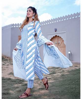 Blue Stripped Kurta & Pant With Dupatta (Set of 3) 1
