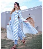 Blue Stripped Kurta & Pant With Dupatta (Set of 3)