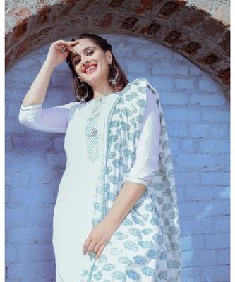 White Double Neck Kurta & Palazzo With Dupatta (Set of 3) 2