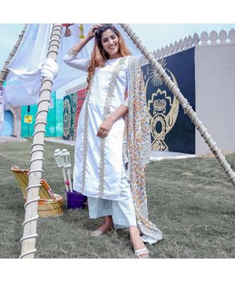 White Gota Kurta & Palazzo With Dupatta (Set of 3) 2