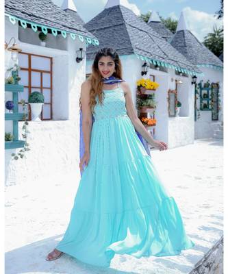 Sky Blue Tier Maxi Dress With Dupatta (Set of 2) 1