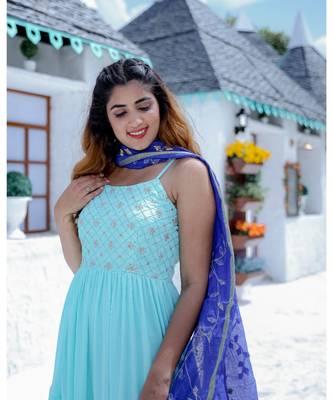 Sky Blue Tier Maxi Dress With Dupatta (Set of 2) 2