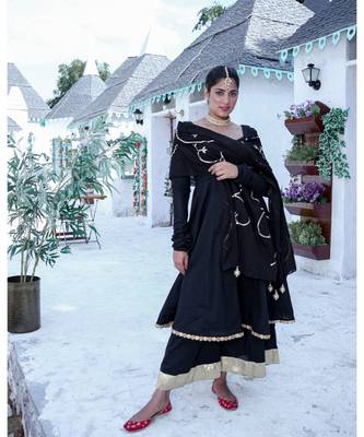 Black Embroidered Anarkali & Palazzo With Dupatta (Set of 3) 1