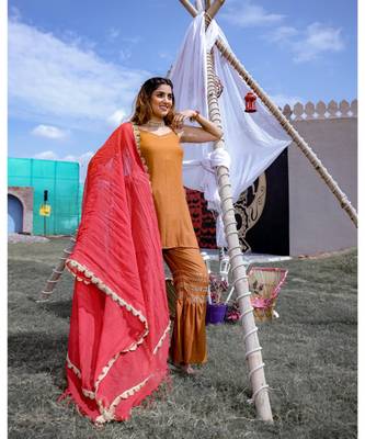 Brown Dobby Kurta & Sharara With Dupatta (Set of 3) 1