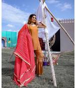 Brown Dobby Kurta & Sharara With Dupatta (Set of 3)