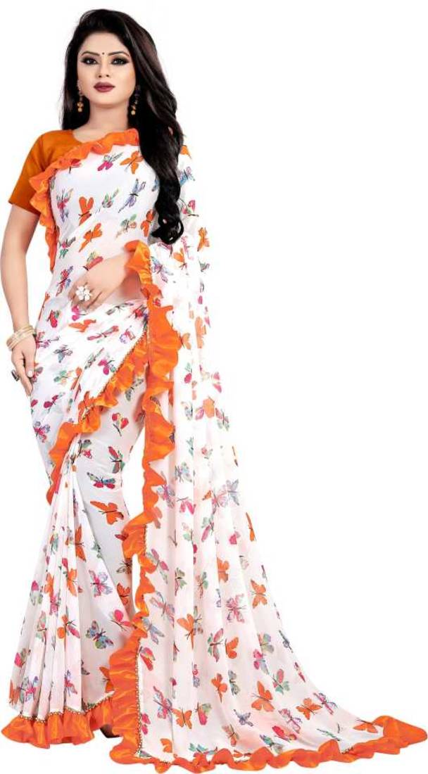 Orange Women's Digital Butterfly Printed Ruffle Saree ...