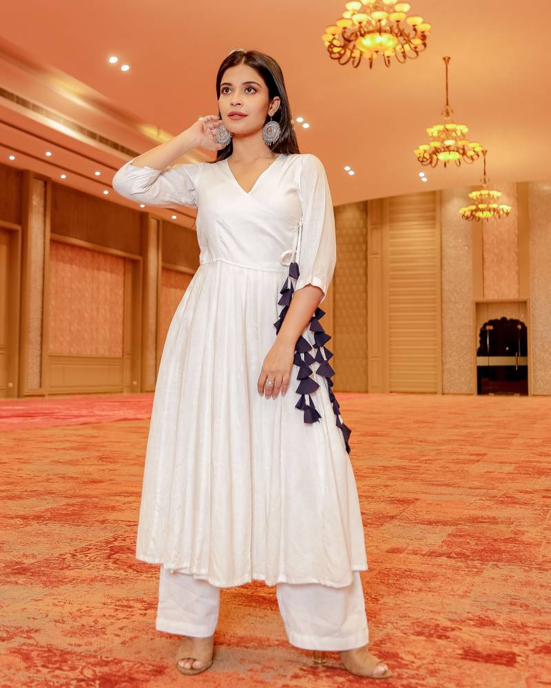 White Angrakha Kurta Palazzo Set  (Set of 2)
