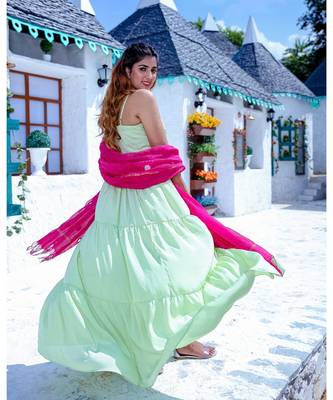 Green Tier Maxi Dress With Dupatta (Set of 2) 2
