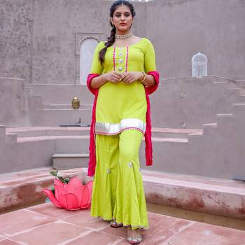 Neon Green Kurta & Sharara With Dupatta (Set of 3) 1