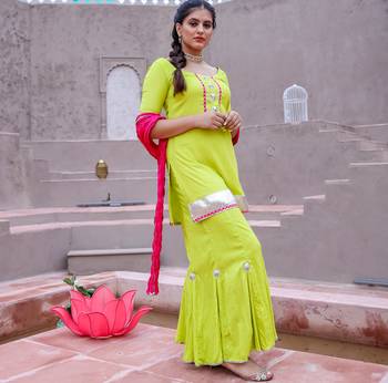 Neon Green Kurta & Sharara With Dupatta (Set of 3) 2