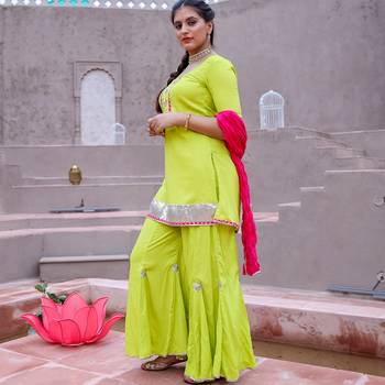 Neon Green Kurta & Sharara With Dupatta (Set of 3) 3