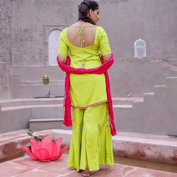 Neon Green Kurta & Sharara With Dupatta (Set of 3) 4
