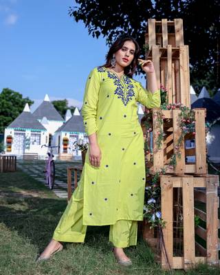 Lime Green Blue Dori Work Kurta With Palazzo (Set of 2) 1
