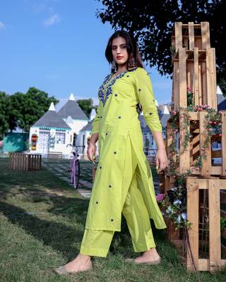 Lime Green Blue Dori Work Kurta With Palazzo (Set of 2) 2