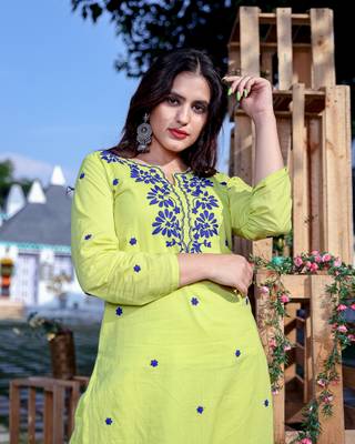 Lime Green Blue Dori Work Kurta With Palazzo (Set of 2) 4