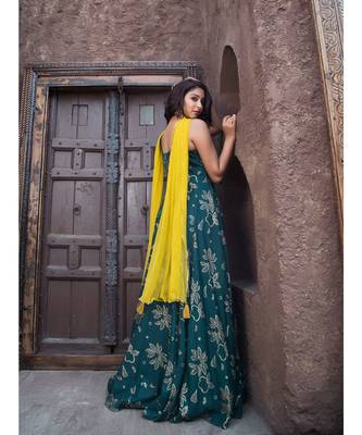 Dark Green Gold Foil Dress With Dupatta  (Set of 2) 3