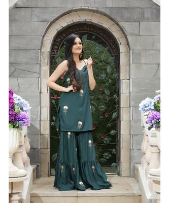 Green Foil Bagh Sharara Set With Dupatta (Set of 3) 4