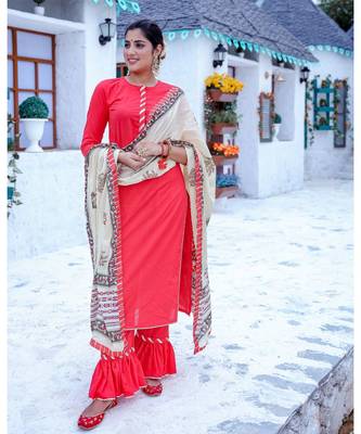 Red Frilled Kurta & Pant With Dupatta (Set of 3) 1