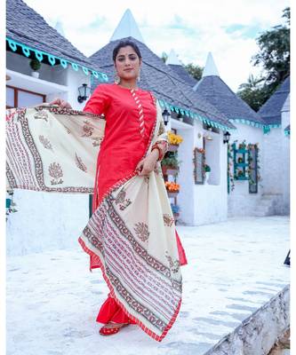 Red Frilled Kurta & Pant With Dupatta (Set of 3) 2