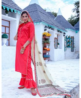 Red Frilled Kurta & Pant With Dupatta (Set of 3) 3