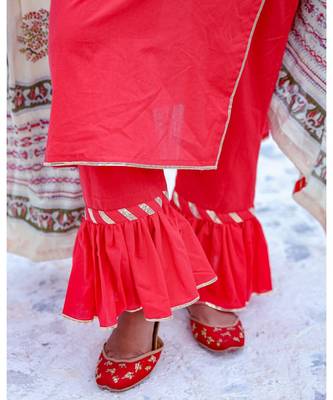 Red Frilled Kurta & Pant With Dupatta (Set of 3) 5
