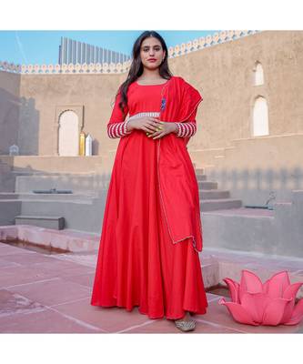 Red Crochet Lace Anarkali & Churidar With Dupatta (Set of 3) 1