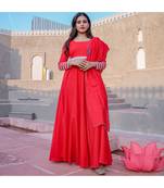 Red Crochet Lace Anarkali & Churidar With Dupatta (Set of 3)