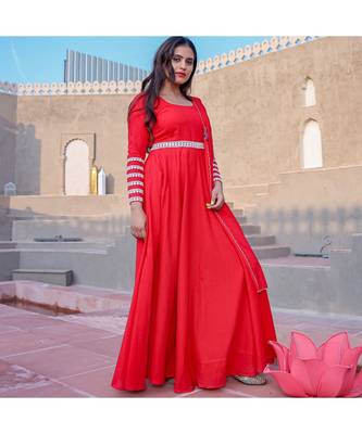 Red Crochet Lace Anarkali & Churidar With Dupatta (Set of 3) 2