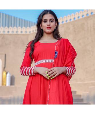 Red Crochet Lace Anarkali & Churidar With Dupatta (Set of 3) 4