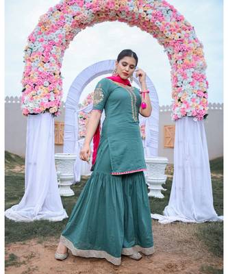 Olive Green Gota Work Kurta & Sharara With Dupatta (Set of 3) 1