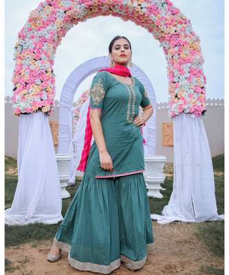Olive Green Gota Work Kurta & Sharara With Dupatta (Set of 3) 2