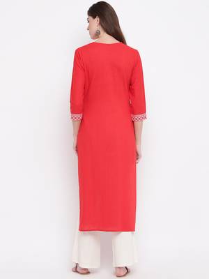 Women's Solid Straight Cotton Red Kurti 2