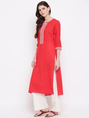 Women's Solid Straight Cotton Red Kurti 3