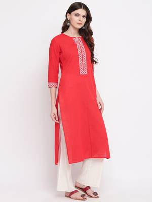 Women's Solid Straight Cotton Red Kurti 4