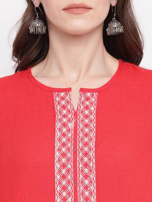 Women's Solid Straight Cotton Red Kurti 5