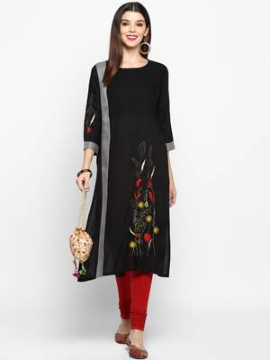 Women's Resham Embroidery Straight Rayon Black Kurti 1