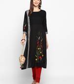 Women's Resham Embroidery Straight Rayon Black Kurti
