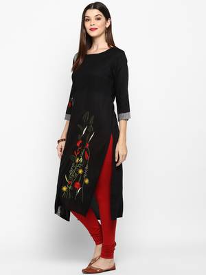 Women's Resham Embroidery Straight Rayon Black Kurti 3